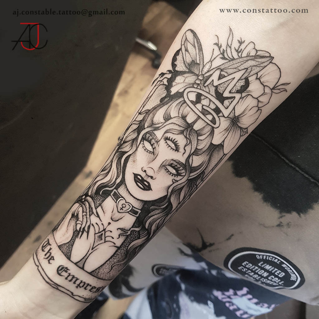 Black and grey, illustrative Empress Tarot card tattoo by AJ Constable.