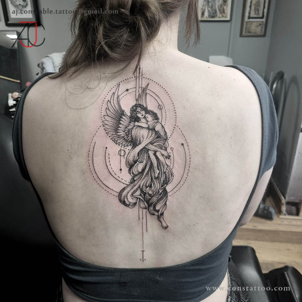 Black and grey fine-line back tattoo by AJ Constable tattoo artist