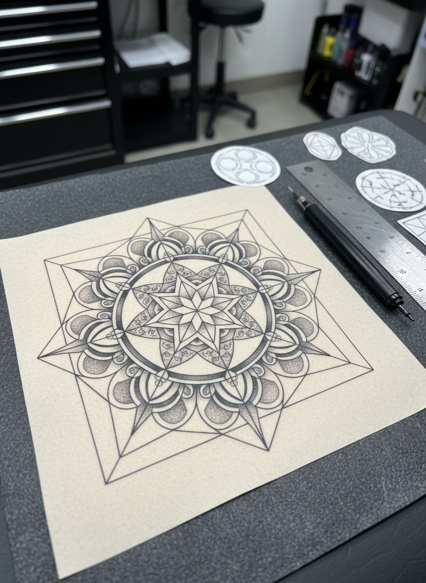 A close-up of a fresh black and grey geometric tattoo design inked on a synthetic practice skin sheet, showcasing crisp intersecting lines, perfect dotwork shading, and intricate mandala patterns radiating from a central point. The practice skin lies on a dark, textured rubber mat on a studio table, with rulers, stencils, and a fine-line tattoo pen arranged neatly beside it. Overhead studio lighting creates even illumination, bringing out the precision of every line and subtle gradient. The background falls softly out of focus, suggesting a well-organised professional tattoo studio. Photographic realism, eye-level composition with a shallow depth of field, conveys accuracy, patience, and technical mastery in geometric tattooing.