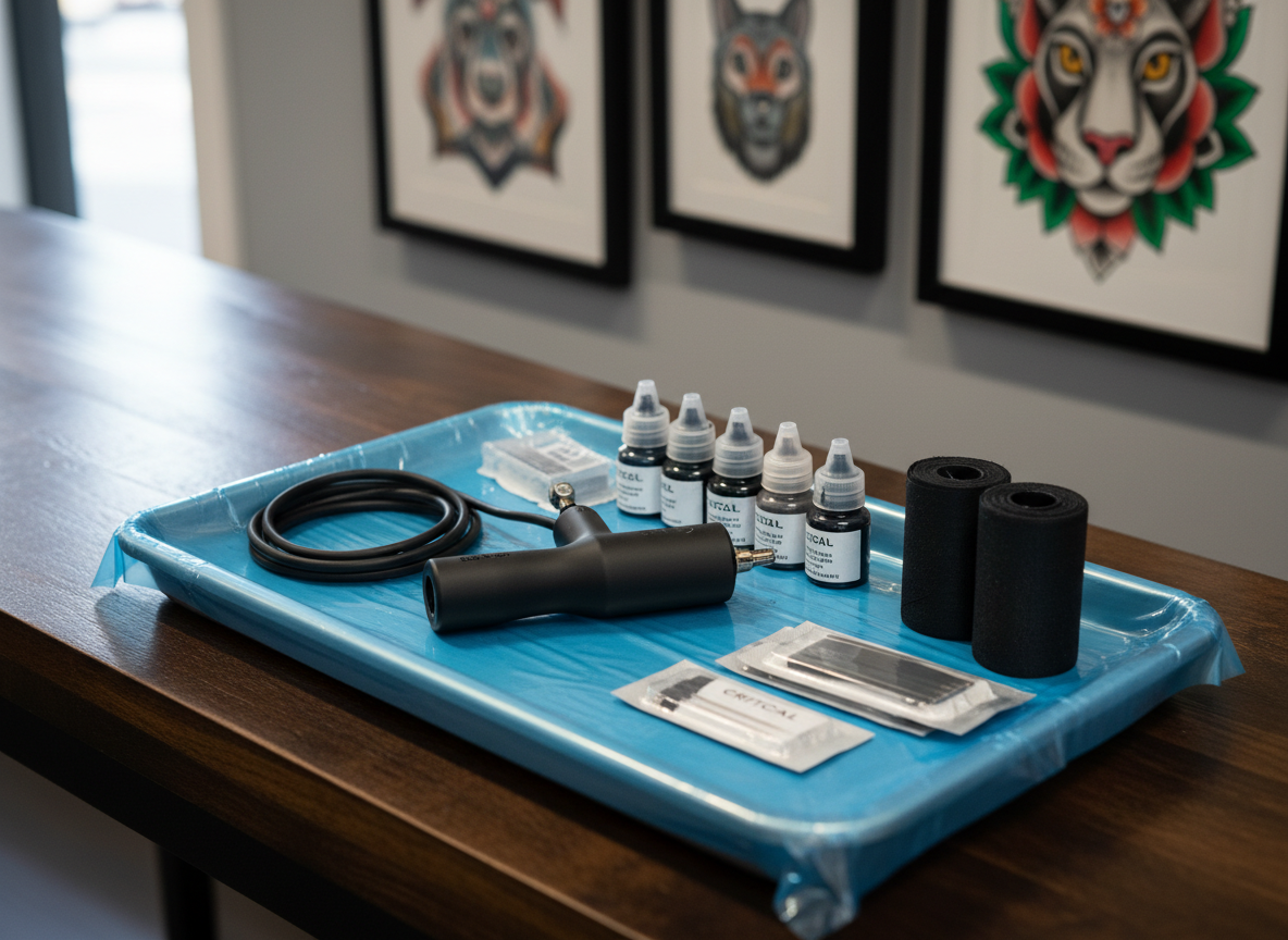 A meticulously arranged flat lay of a tattoo artist’s workstation, featuring a high-end rotary tattoo machine with a matte black body, neatly coiled clip cord, sterile ink caps filled with rich black and soft grey pigments, disposable grip wraps, and precision fine-line needles sealed in blister packs. Everything rests on a smooth stainless-steel tray covered with crisp medical barrier film. The workstation sits on a dark wooden counter in a clean, contemporary Cardiff studio, with blurred framed tattoo flash on the wall behind. Soft, diffused daylight from an unseen window casts gentle reflections on the metal surfaces, creating a professional, hygienic atmosphere. Photographic realism, shot from a slightly elevated angle with shallow depth of field, emphasizes detail and craftsmanship while keeping the mood calm, precise, and reassuring.