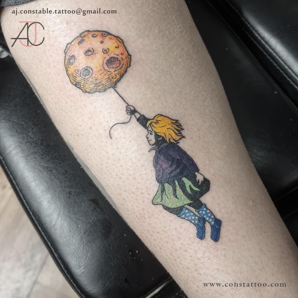 Colour tattoo of a girl with a moon baloon by AJ Constable Tattoo Artist